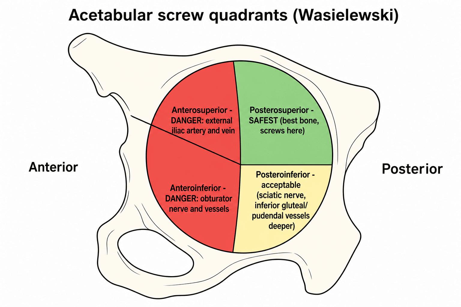 Wasielewski acetabular quadrant system showing safe and dangerous zones for acetabular screw placement.