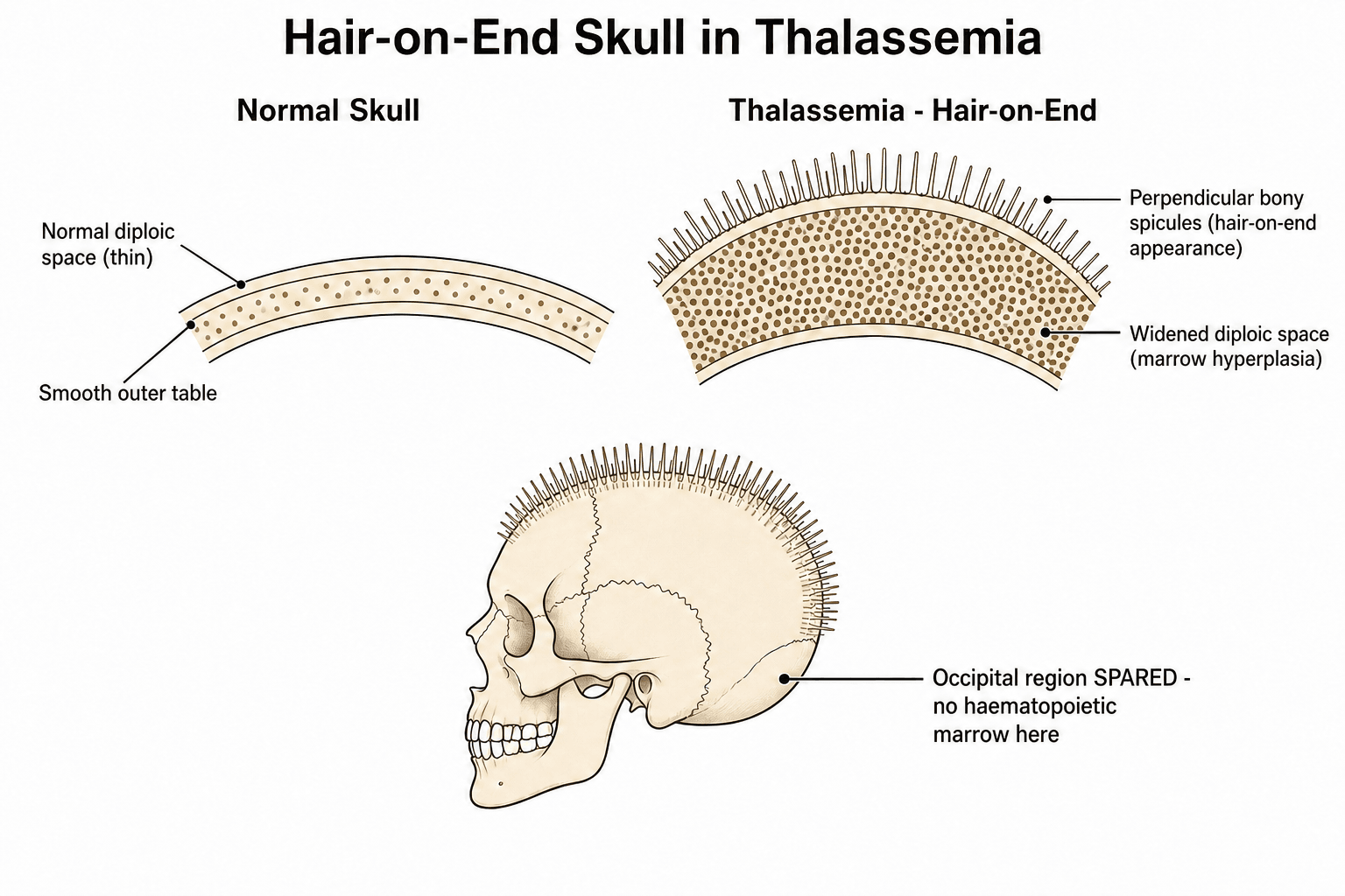 Schematic diagram comparing a normal thin diploic space against the widened, spiculated hair-on-end skull of thalassaemia, with occipital sparing shown on a whole-skull profile