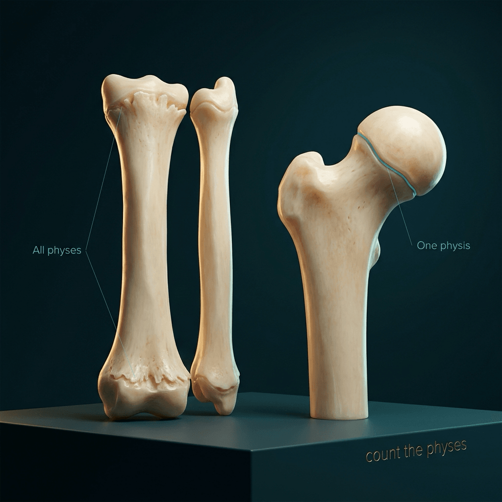 Cinematic illustration of two paediatric long-bone ends: one pair of cupped and frayed physes labelled all physes, and a single displaced proximal femoral physis labelled one physis.