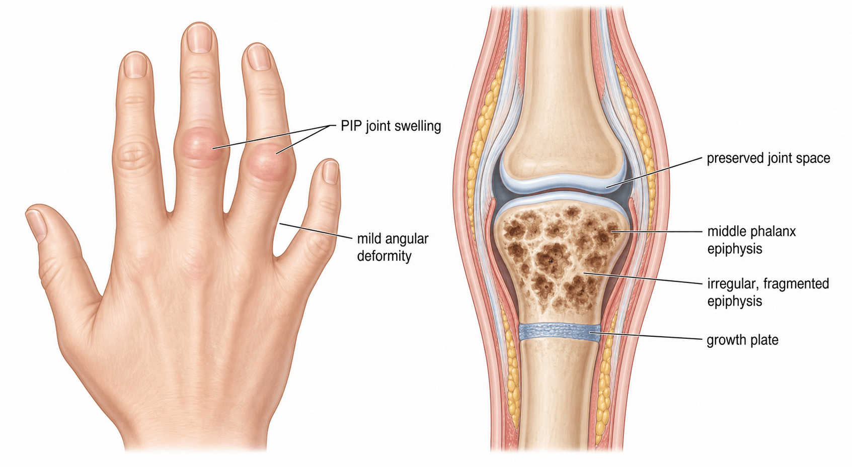 Two-panel illustration of Thiemann disease: a hand with swollen PIP joints and mild angular deformity, and an anatomical cutaway of the middle-phalanx epiphysis showing irregular fragmentation and sclerosis with a preserved joint space and growth plate