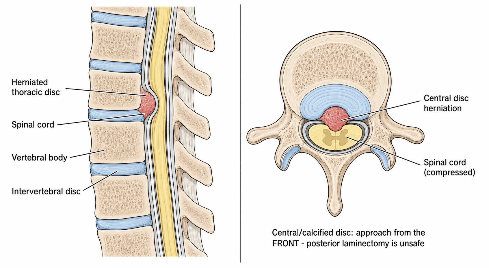 Diagram of a thoracic disc herniation compressing the spinal cord, sagittal and axial views.