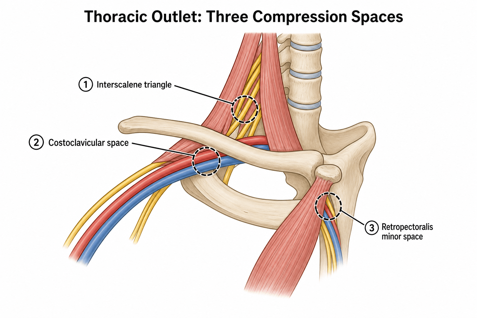 Anatomical diagram of the thoracic outlet showing the three sequential compression spaces around the brachial plexus and subclavian vessels.