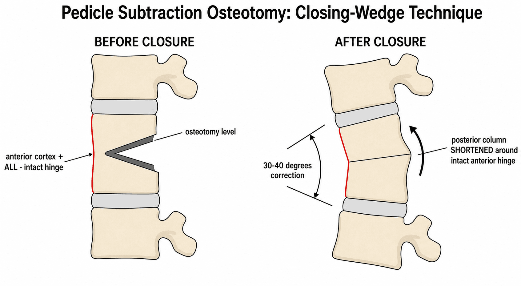 Schematic diagram of the pedicle subtraction osteotomy closing-wedge technique, showing the posterior V-shaped bone resection and the intact anterior cortex hinge before and after closure.