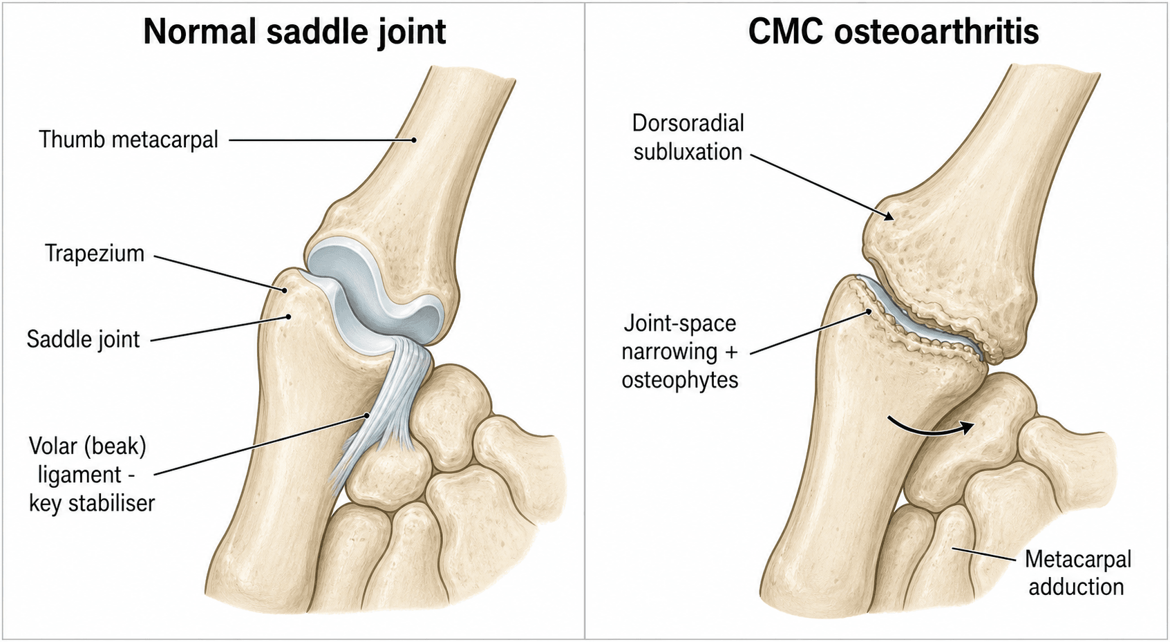 Diagram of the normal thumb CMC saddle joint versus the subluxated, arthritic joint.