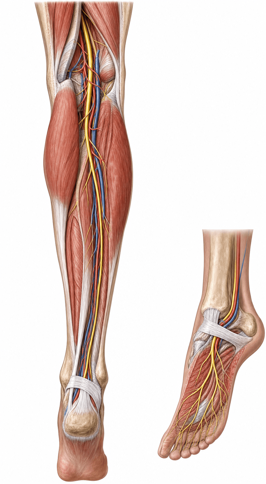 Posterior-leg anatomical illustration of the tibial nerve from the popliteal fossa to the tarsal tunnel and plantar nerves.