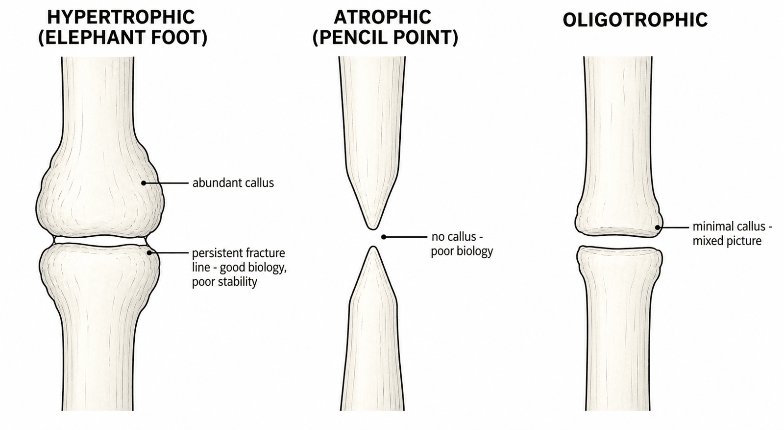 Labelled schematic comparing hypertrophic (elephant-foot), atrophic (pencil-point), and oligotrophic tibial nonunion bone-end morphology