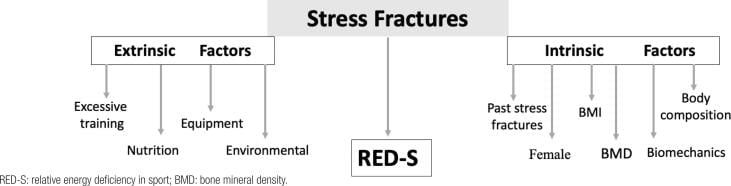 Diagram of extrinsic and intrinsic risk factors for stress fracture, with an arrow to RED-S