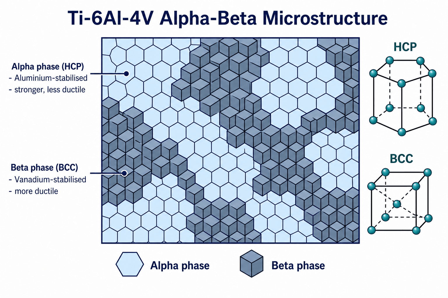 Schematic of Ti-6Al-4V alpha-beta microstructure showing aluminium-stabilised HCP alpha phase grains and vanadium-stabilised BCC beta phase grains, with HCP and BCC unit cell insets