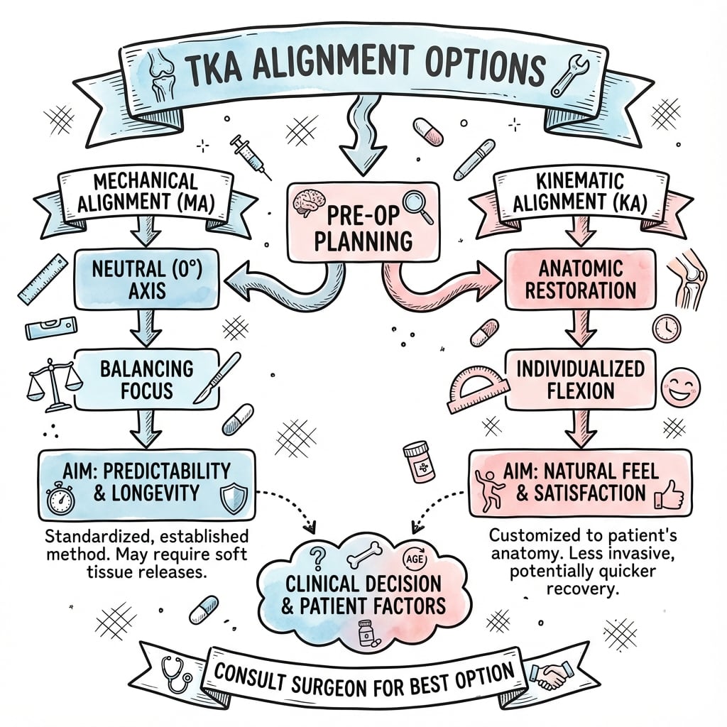 TKA alignment options decision algorithm comparing mechanical alignment, kinematic alignment, and restricted kinematic alignment strategies