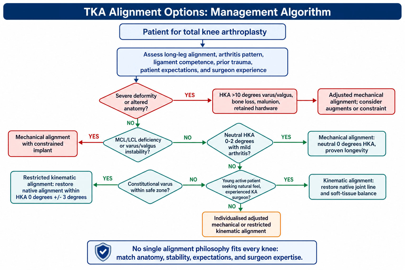 TKA alignment options decision algorithm comparing mechanical alignment, kinematic alignment, and restricted kinematic alignment strategies