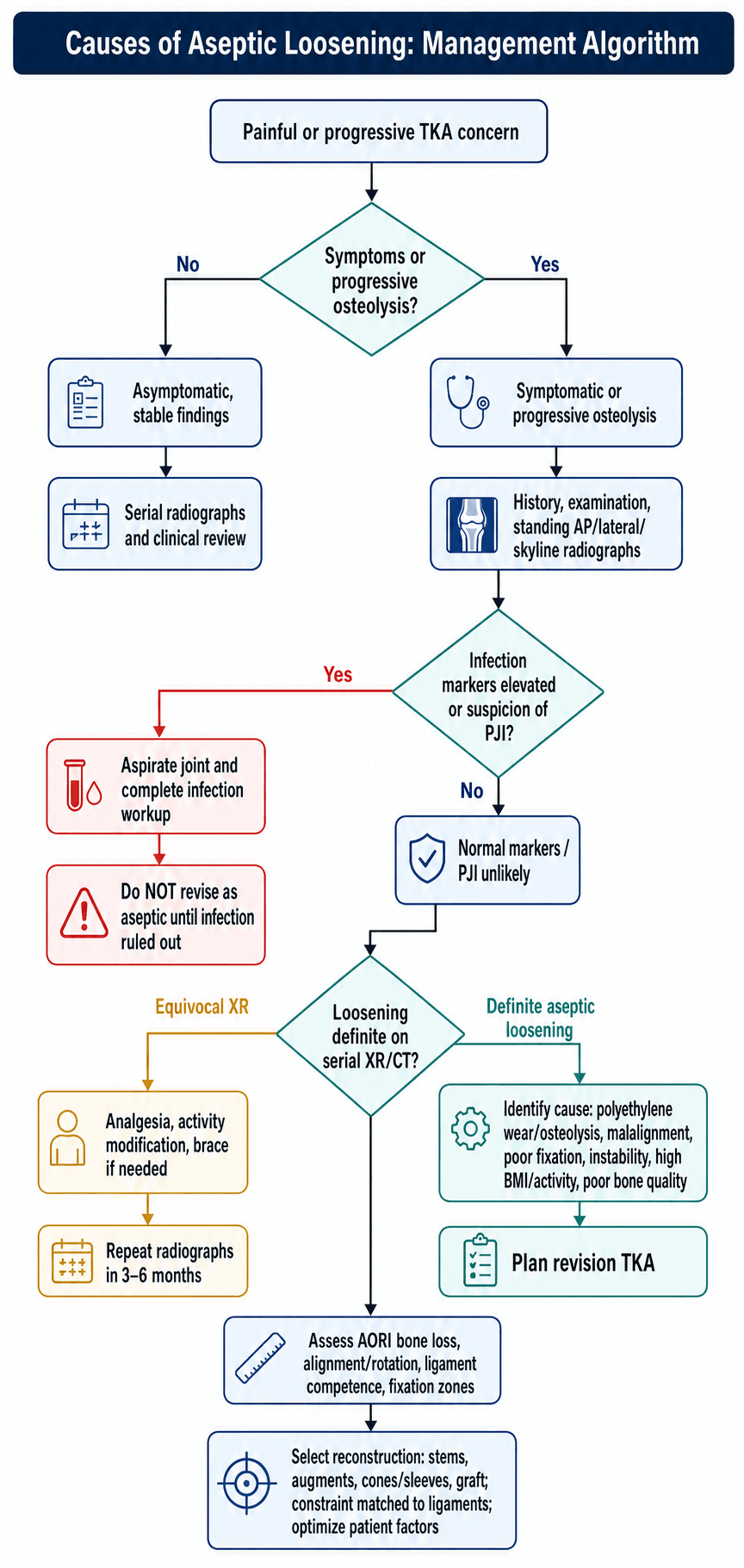 Flowchart for the workup of a painful or progressive total knee arthroplasty leading to a diagnosis of aseptic loosening.