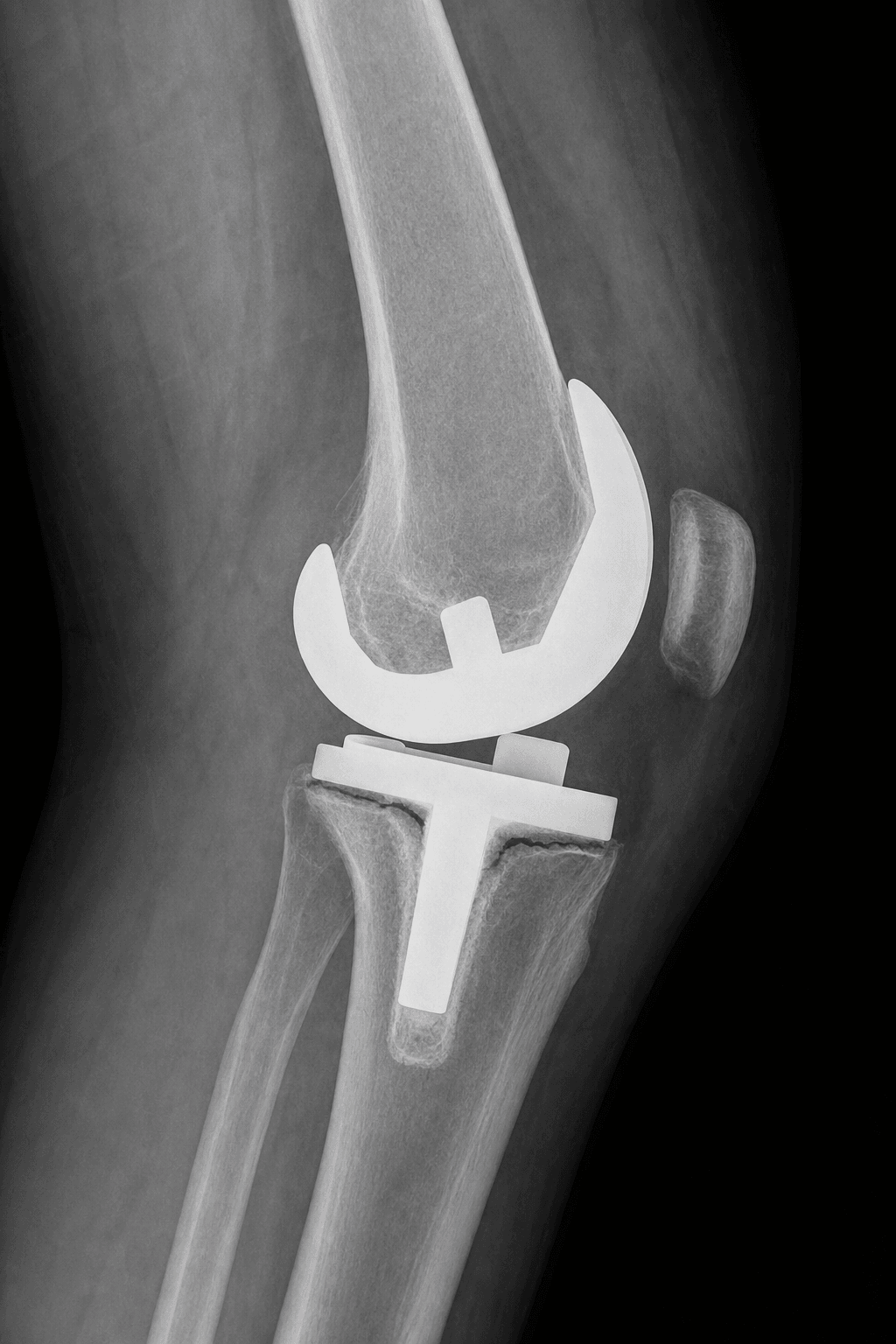 Lateral knee radiograph of a total knee arthroplasty with radiolucency beneath the tibial component.