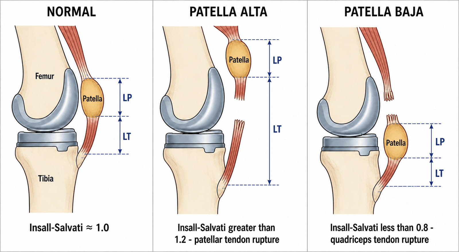 Labelled schematic comparing normal patella position, patella alta from patellar tendon rupture, and patella baja from quadriceps tendon rupture, with Insall-Salvati ratio measurement lines