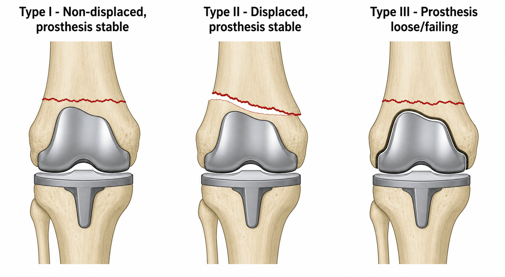 Lewis and Rorabeck classification of periprosthetic supracondylar distal femur fractures above a total knee replacement, Types I to III