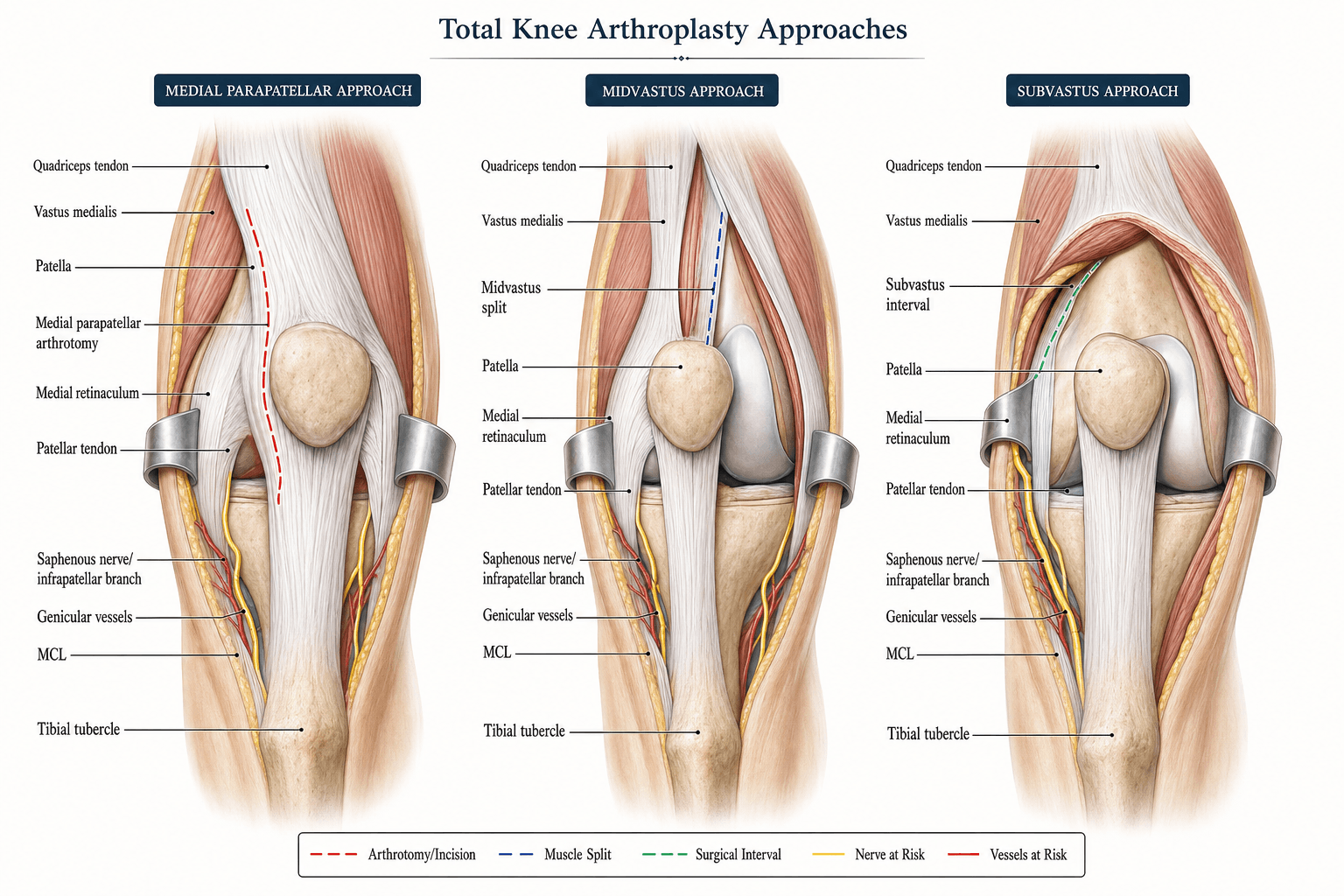 Anatomical comparison of the medial parapatellar, midvastus and subvastus TKA approaches