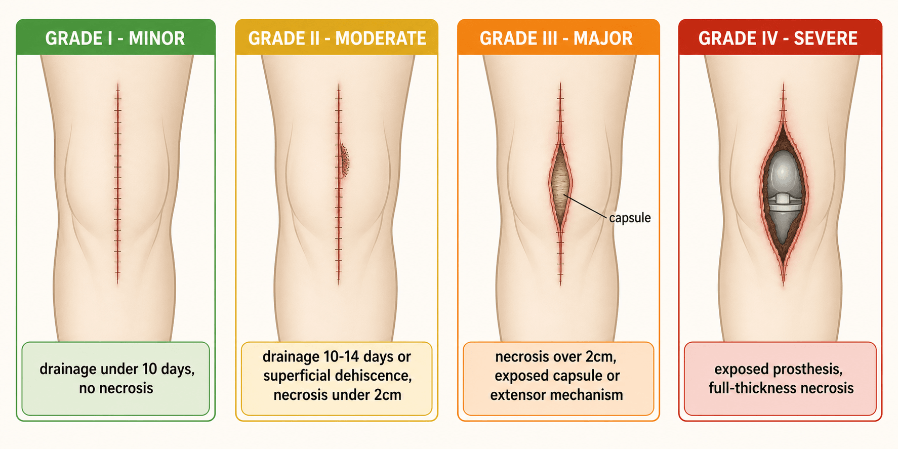 Four-panel schematic comparing Grade I to Grade IV severity of TKA anterior wound complications, from a clean healing incision through to full-thickness necrosis with exposed prosthesis