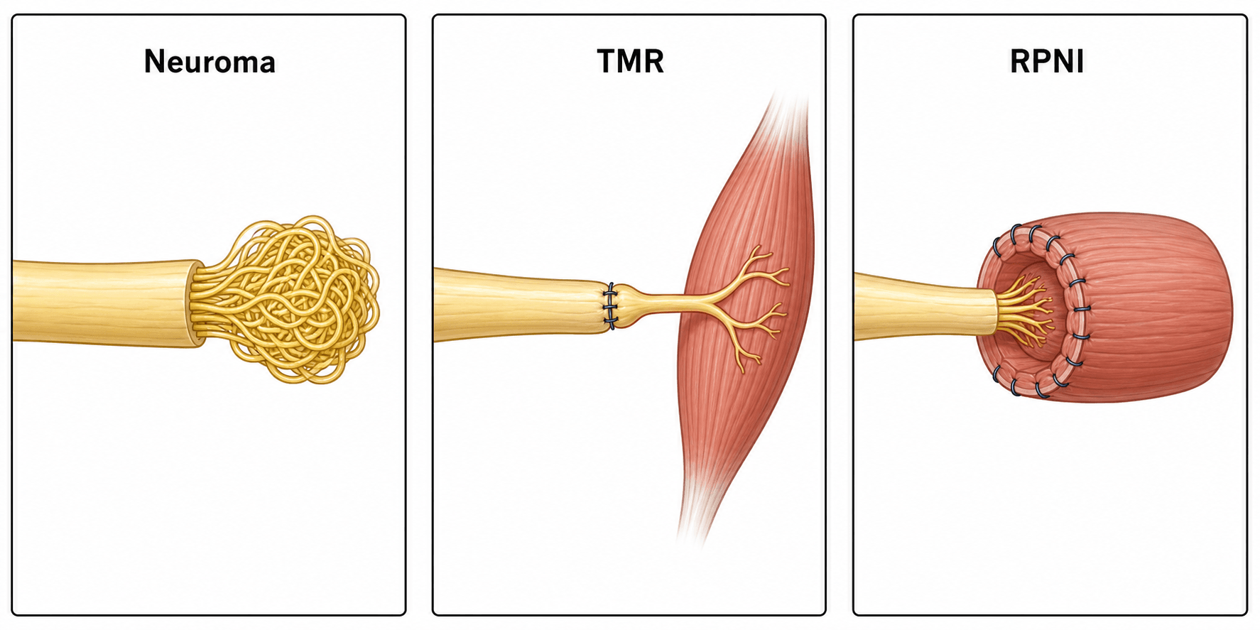 Mechanism overview schematic (three panels) comparing the pathology of a neuroma with targeted muscle reinnervation and a regenerative peripheral nerve interface