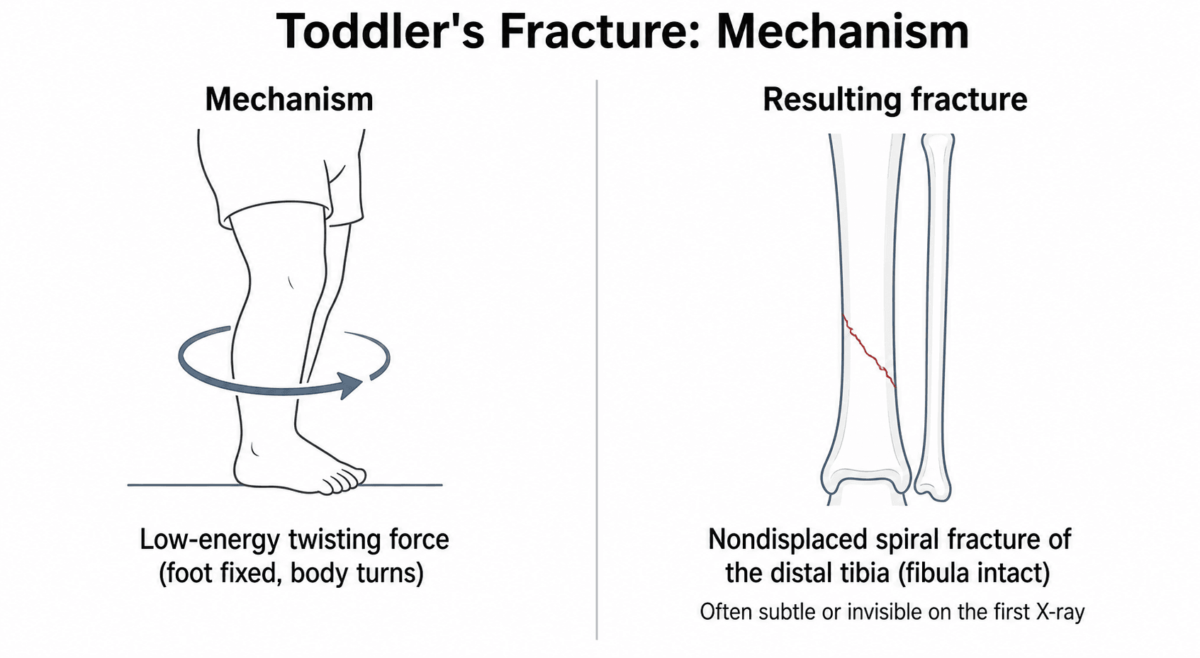 Two-panel diagram of the toddler's fracture mechanism: a low-energy twist with the foot fixed, producing a nondisplaced spiral fracture of the distal tibia with the fibula intact.