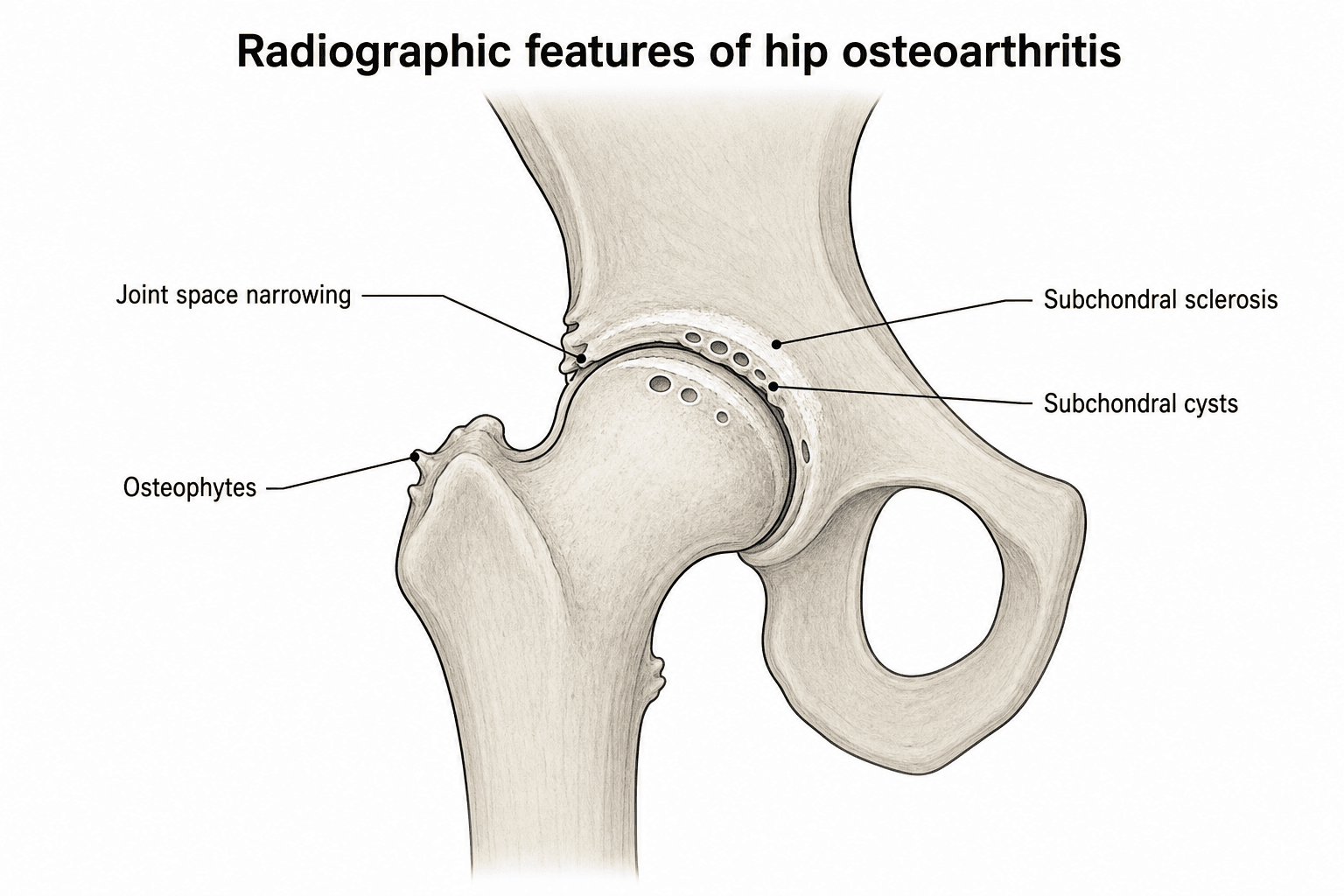 Diagram of the four cardinal radiographic features of hip osteoarthritis: joint space narrowing, osteophytes, subchondral sclerosis and subchondral cysts