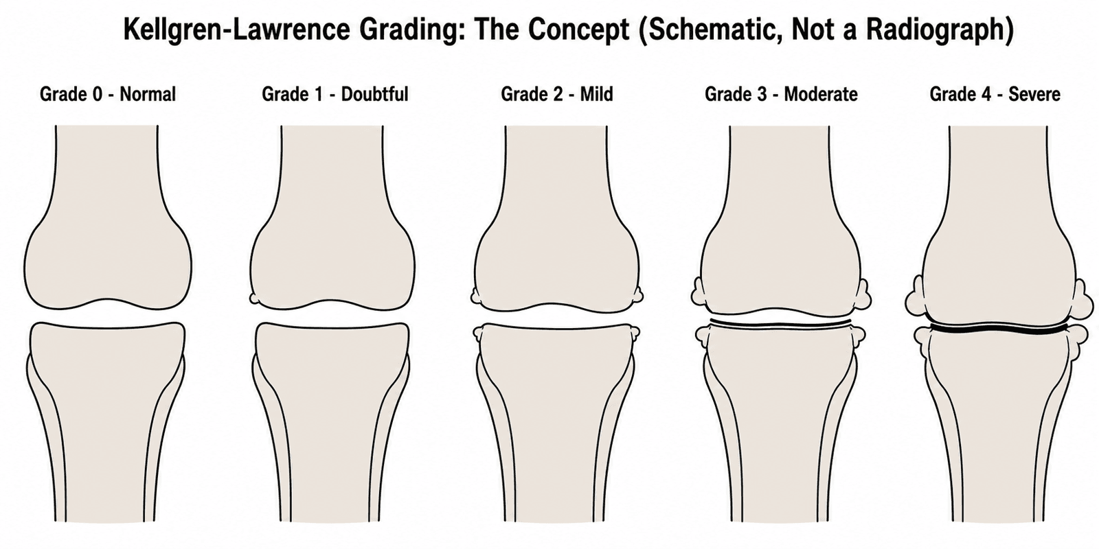 Simplified schematic illustrating the Kellgren-Lawrence grading concept across grades 0 to 4