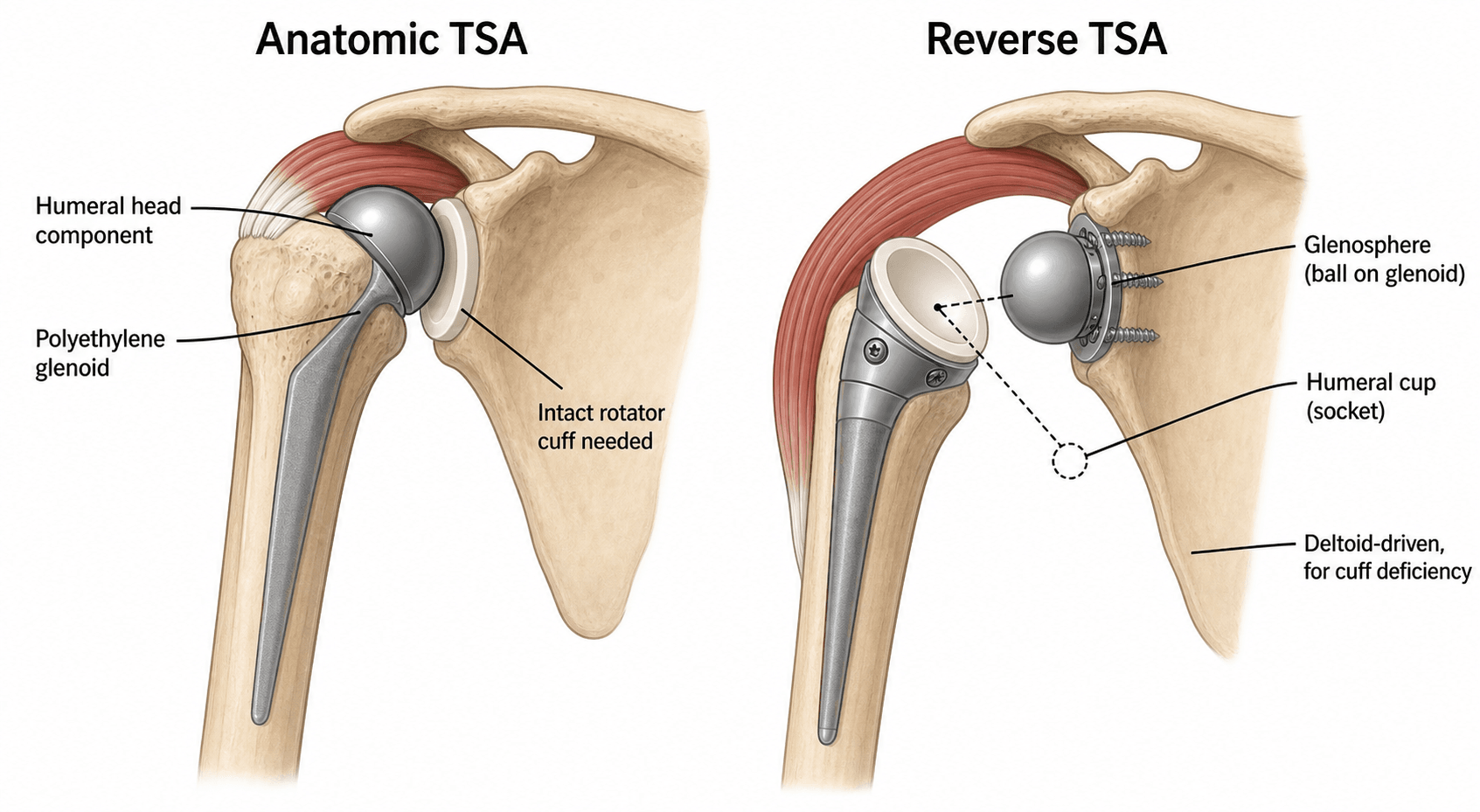 Diagram comparing anatomic total shoulder arthroplasty and reverse total shoulder arthroplasty implant designs