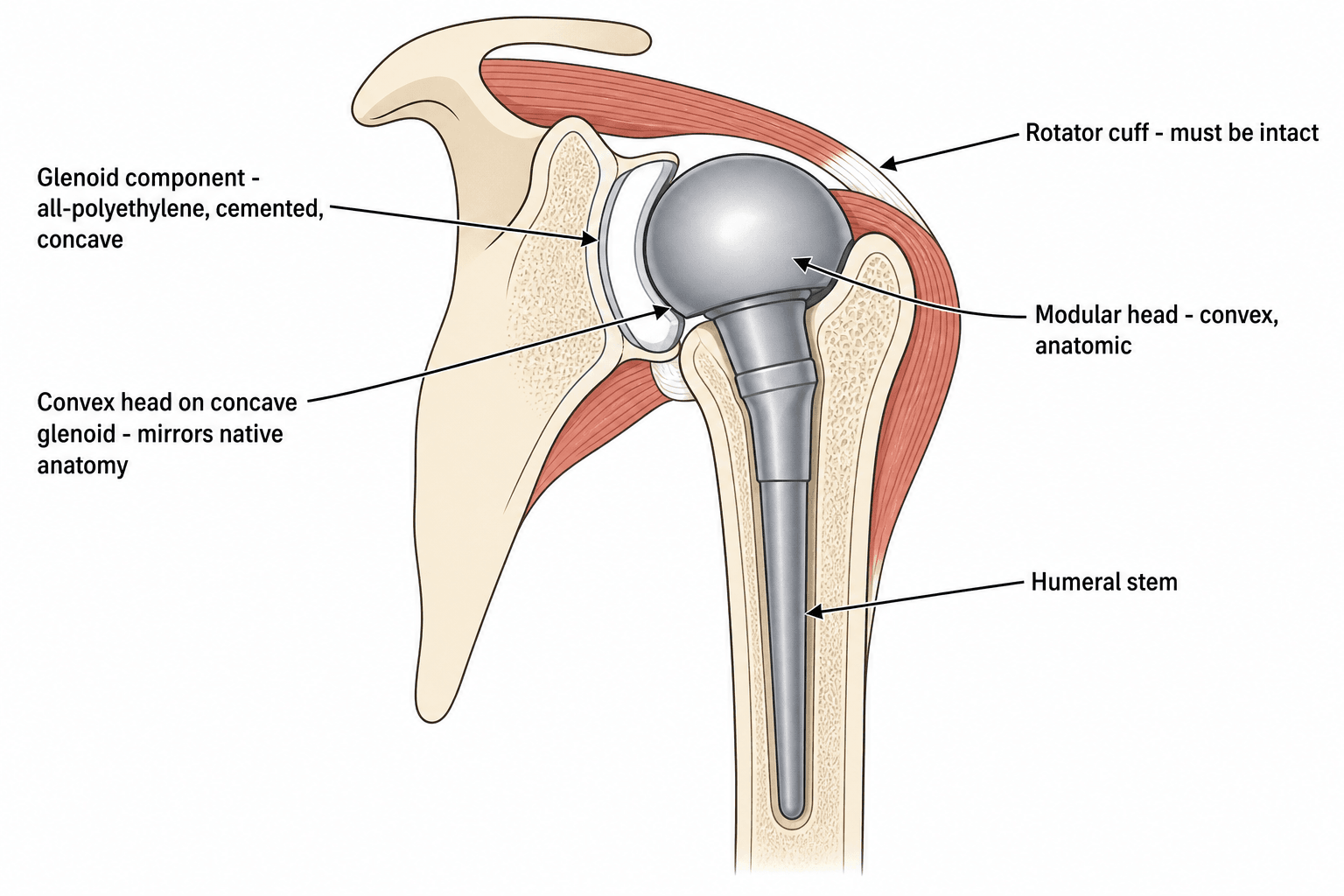 Labelled coronal schematic of anatomic total shoulder arthroplasty components: humeral stem, convex modular head, concave glenoid component, and the surrounding rotator cuff