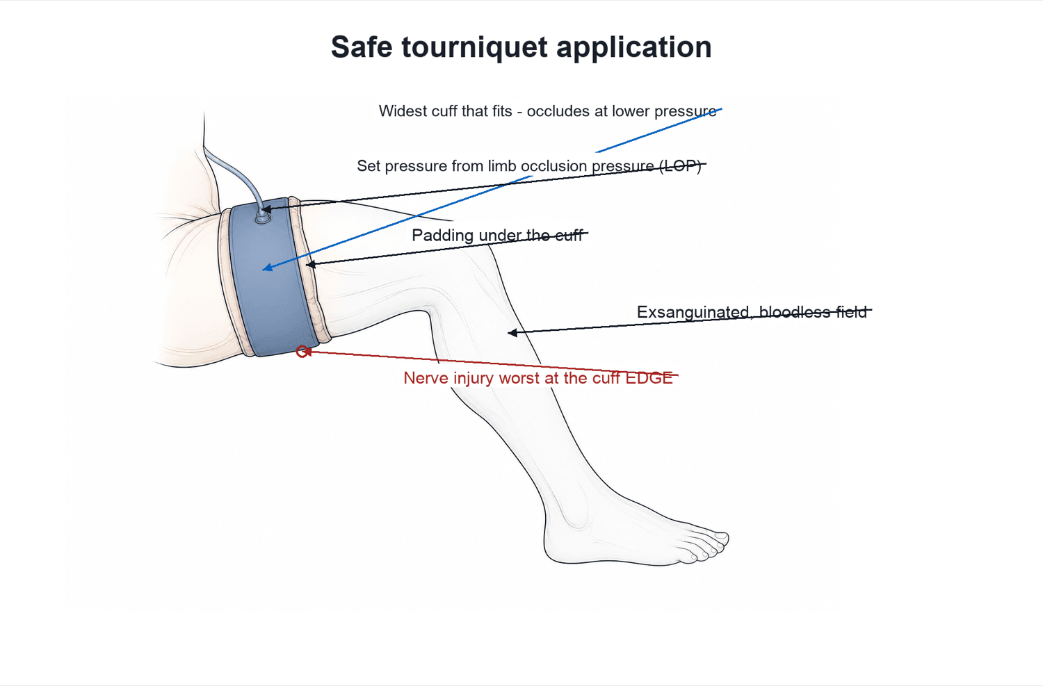 Line diagram of a lower limb with a wide pneumatic tourniquet cuff on the proximal thigh, labelled with the safe-application principles (widest cuff, LOP pressure, padding, exsanguination, nerve injury at the cuff edge).