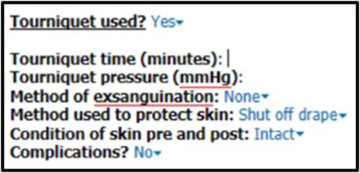Electronic operative-note proforma prompting documentation of tourniquet time, pressure, exsanguination, skin protection and complications