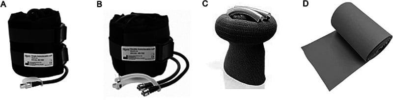 Four-panel product comparison showing simple pneumatic, double pneumatic, sterile silicone and Esmarch tourniquets