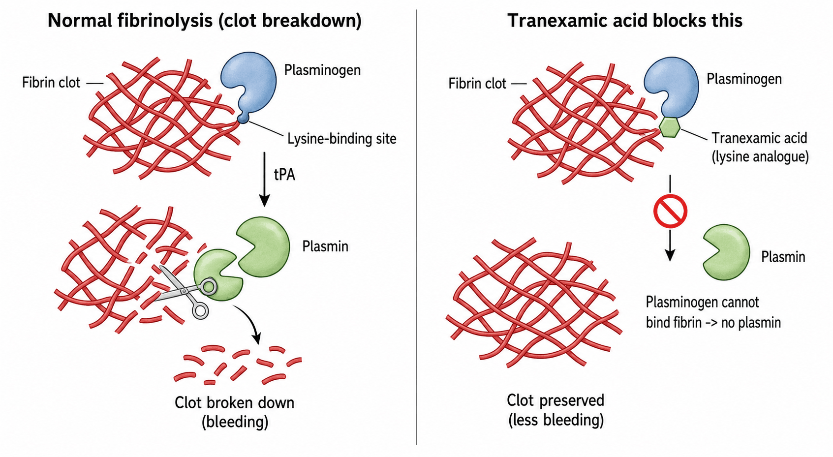 Diagram of how tranexamic acid inhibits fibrinolysis by blocking the lysine-binding site on plasminogen.