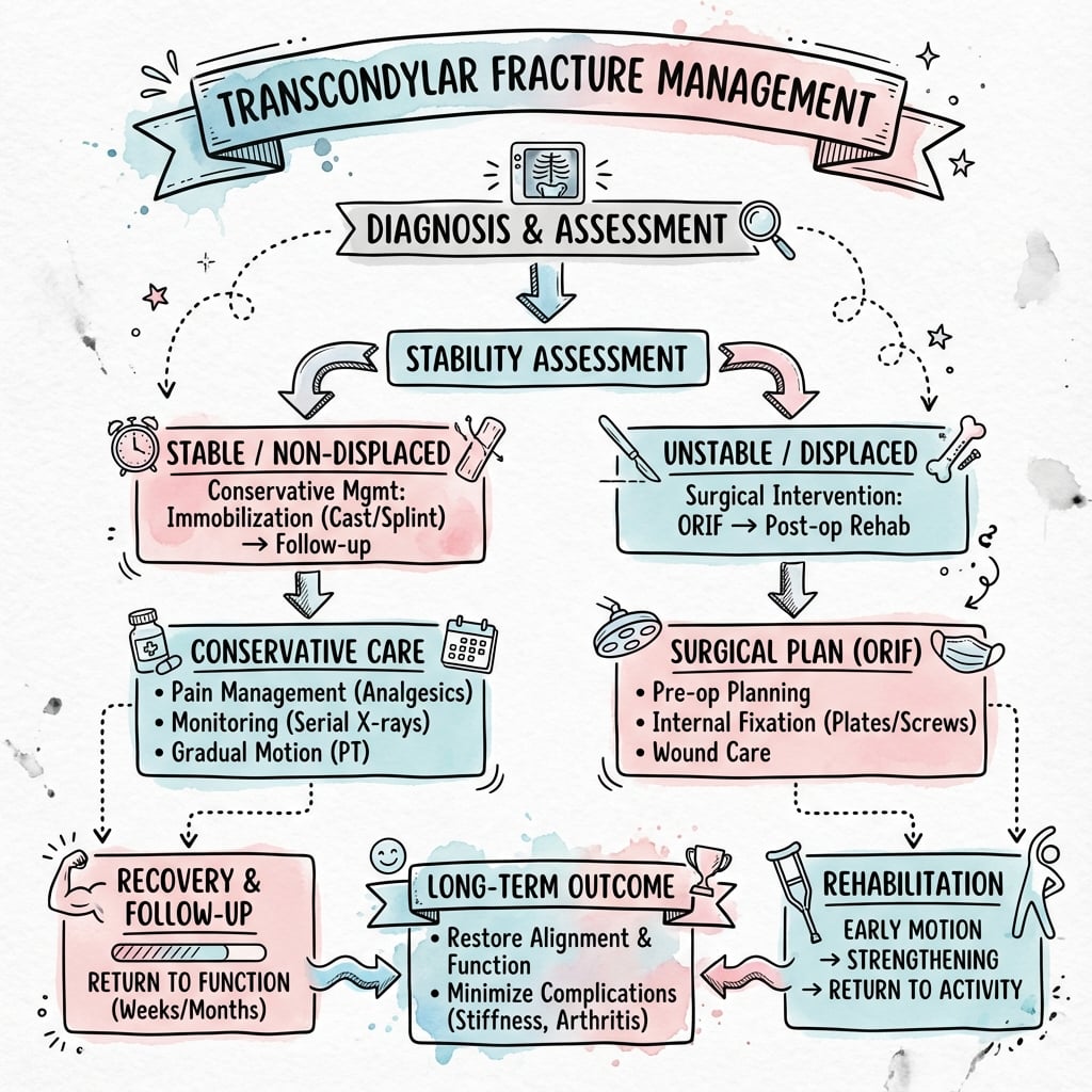 Transcondylar fracture treatment algorithm showing decision pathway based on patient age and bone quality