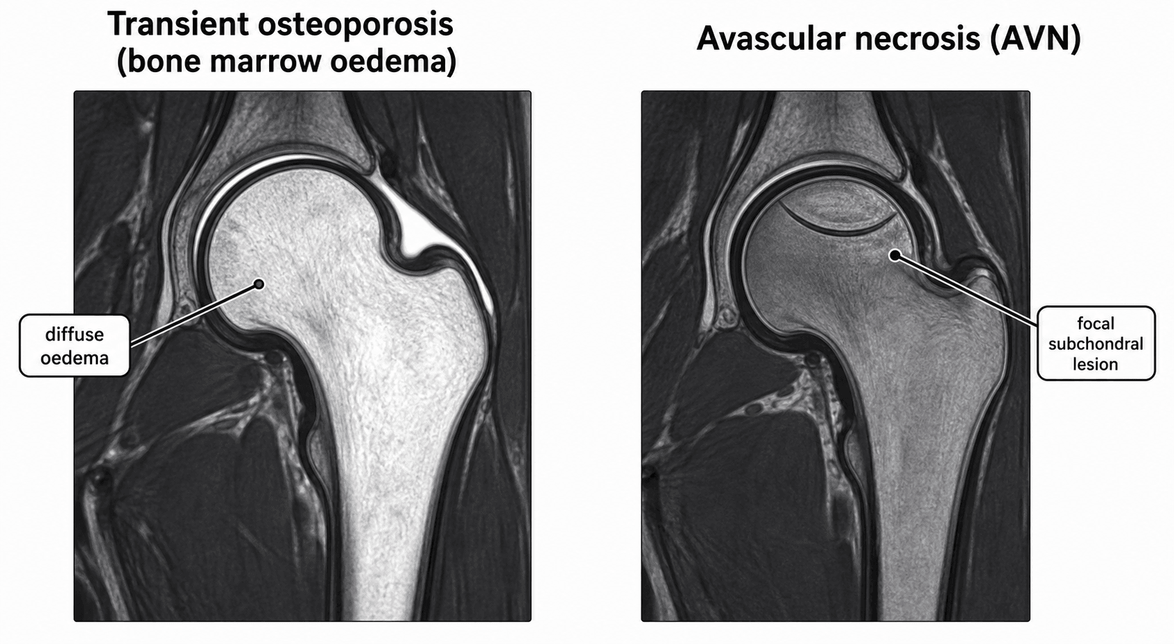 Comparison MRI illustration of transient osteoporosis (diffuse femoral head oedema) versus avascular necrosis (focal subchondral lesion)