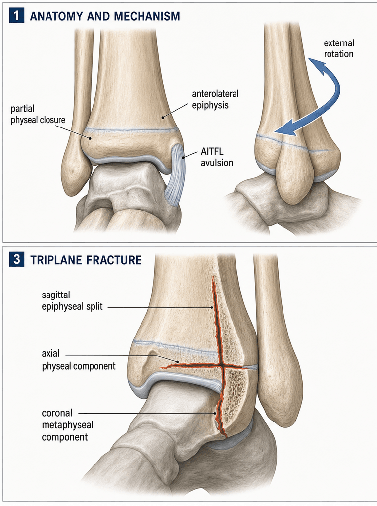 Two-panel schematic of transitional ankle fracture mechanism and the triplane fracture pattern.