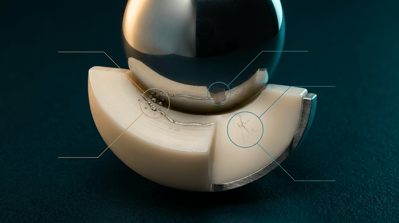 Illustration of a metal femoral head against a sectioned polyethylene liner in a metal shell, with circled callouts on debris in a scratch track on the liner, a defect on the head surface and cracks within the liner.