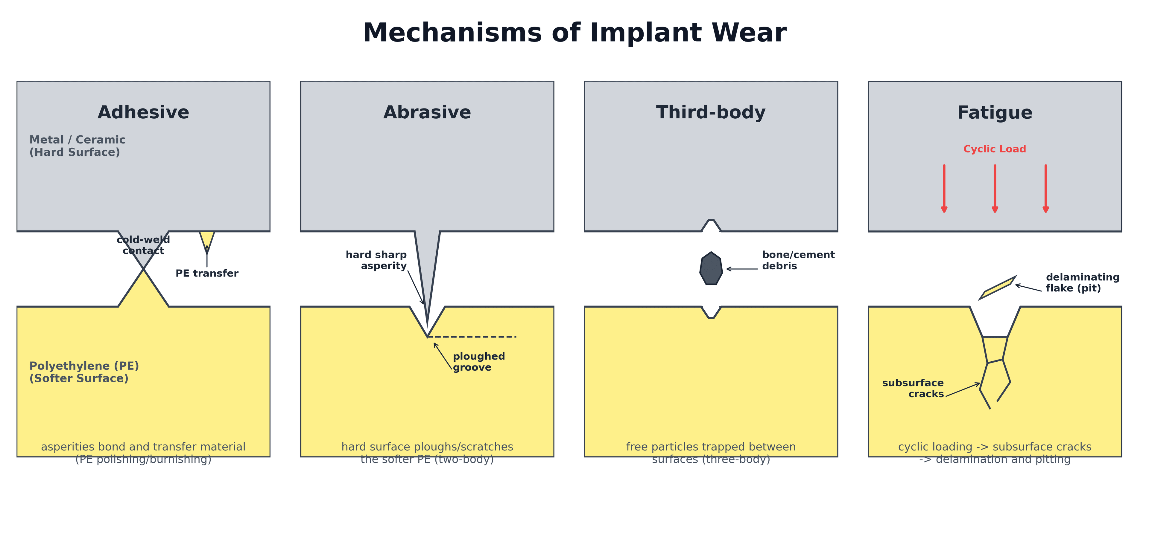 Diagram of the four mechanisms of implant bearing wear: adhesive, abrasive, third-body and fatigue