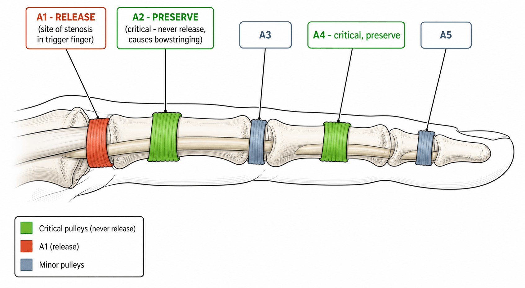Labelled diagram of the finger annular pulley system showing the A1 pulley targeted for release and the critical A2 pulley that must be preserved