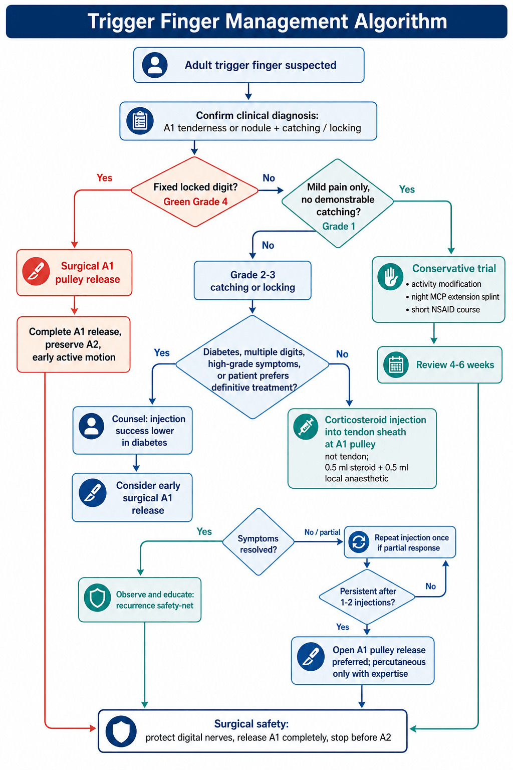 Management algorithm for adult trigger finger from diagnosis to surgical release