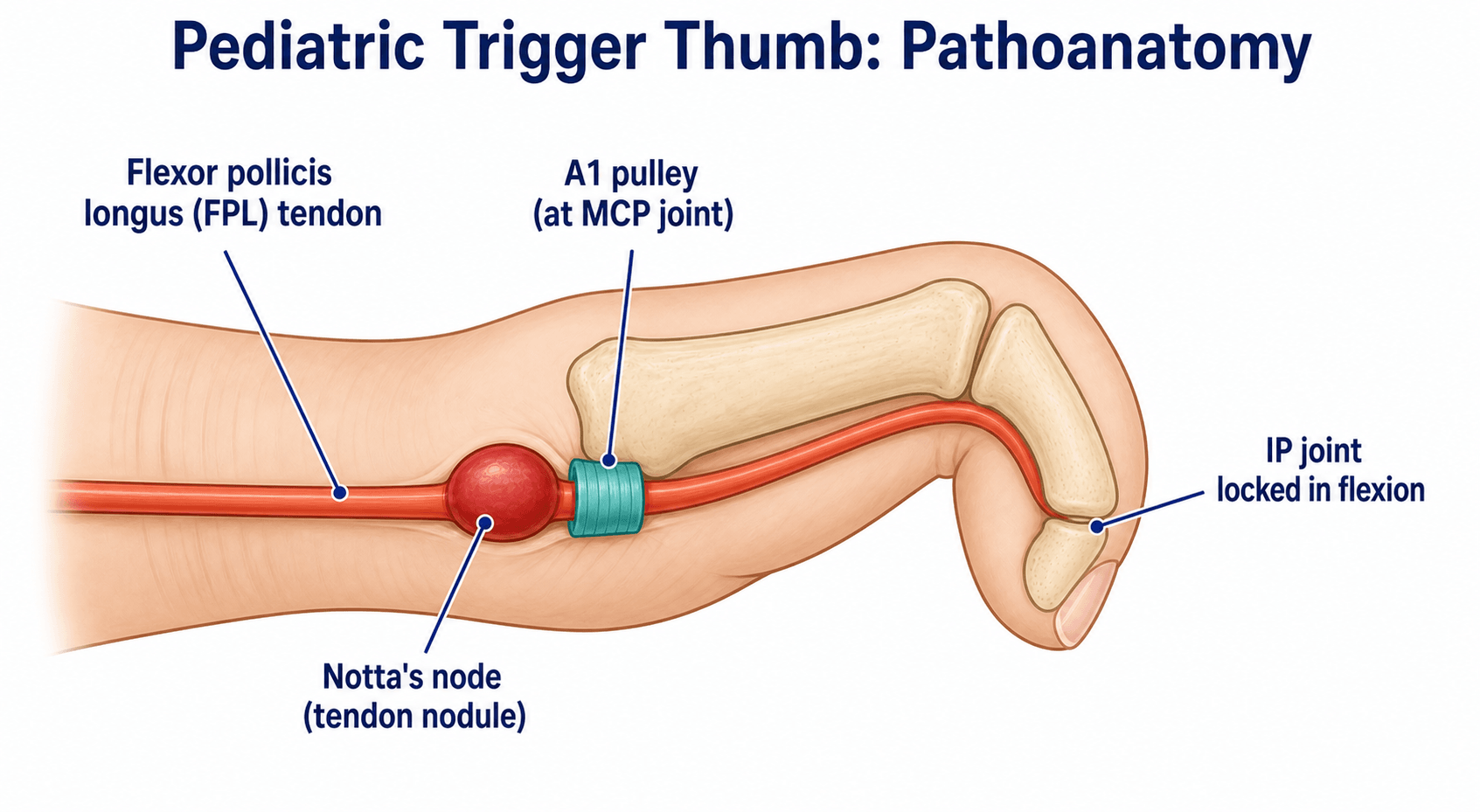 Side-view diagram of the thumb showing the flexor pollicis longus tendon, A1 pulley at the MCP joint, Notta's node and the IP joint locked in flexion.