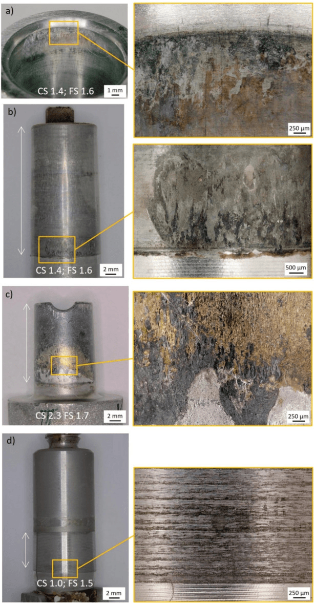 Retrieved modular revision stem taper surfaces with magnified insets and printed CS and FS scores