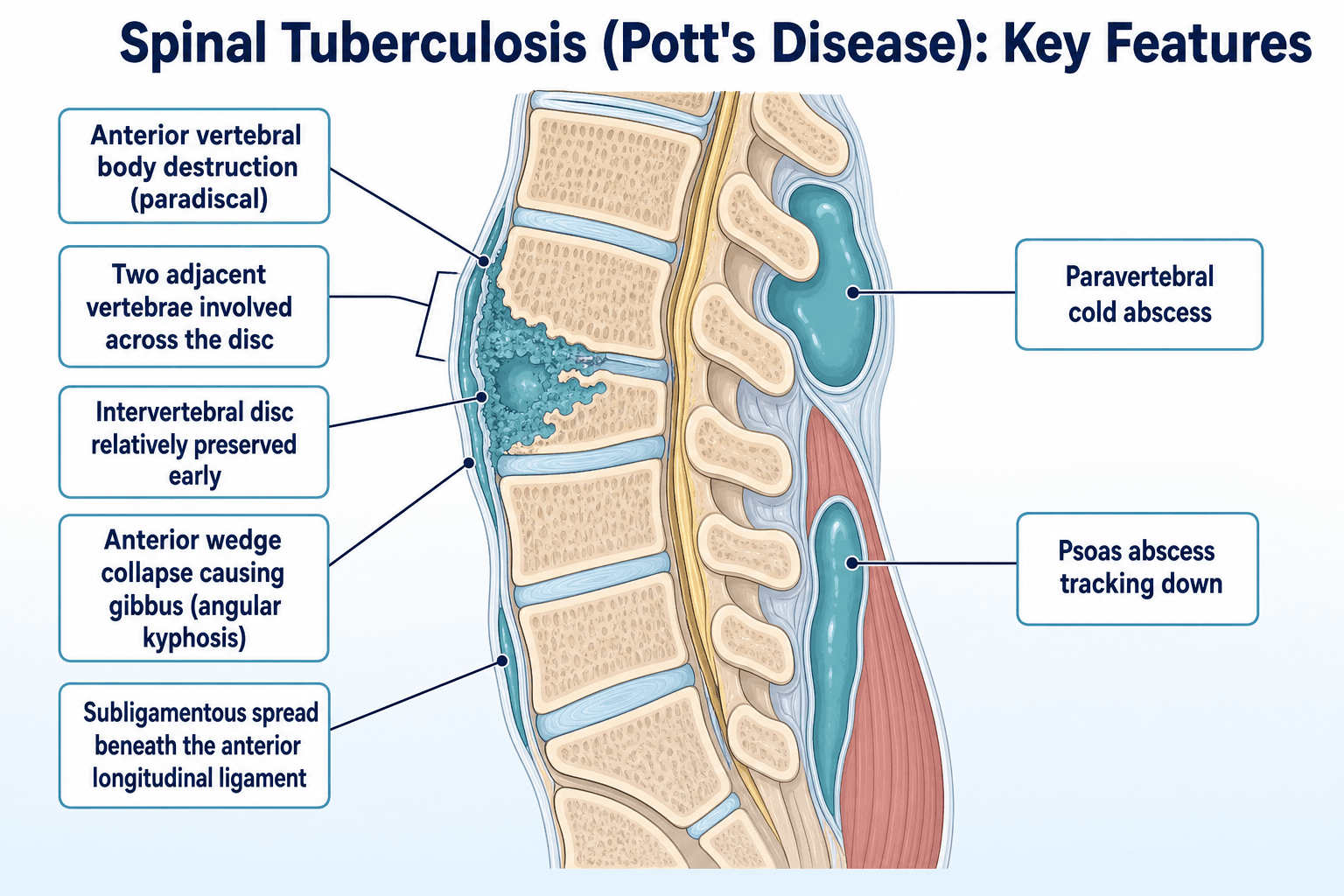 Sagittal diagram of spinal tuberculosis showing anterior vertebral destruction, paradiscal spread, relative disc preservation, gibbus, subligamentous spread and paravertebral/psoas abscesses.
