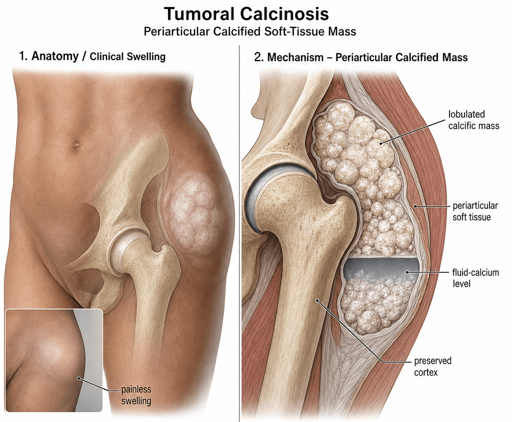 Illustration of tumoral calcinosis: a painless periarticular calcified soft-tissue mass around the hip.