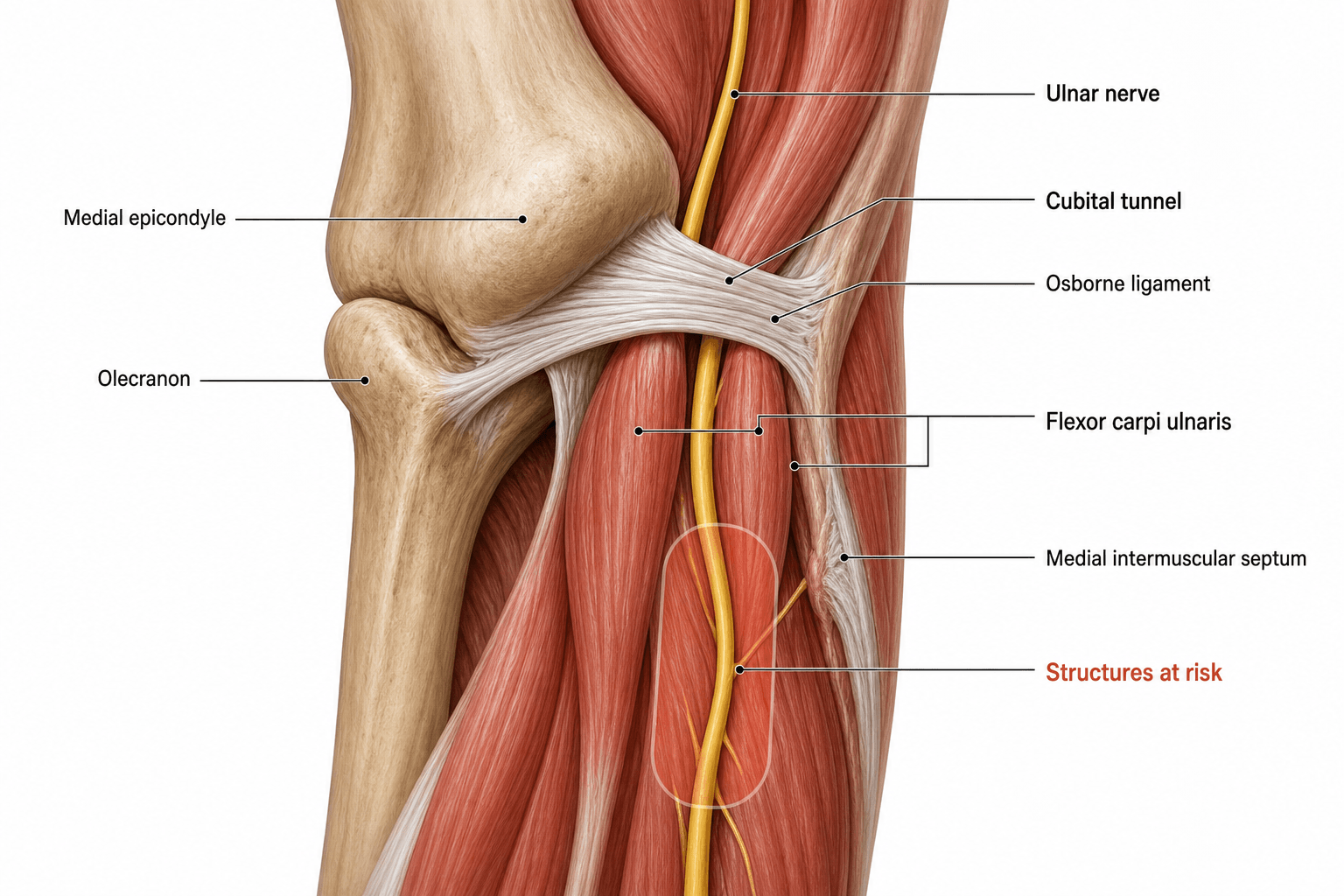 Anatomical diagram of the ulnar nerve at the cubital tunnel