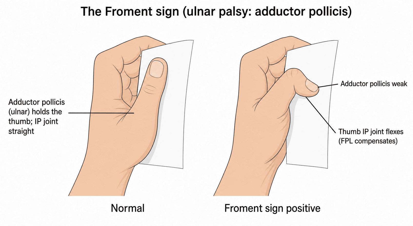 Two hands performing a key pinch on a sheet of paper: on the left the thumb IP joint is straight (normal); on the right the thumb IP joint is flexed because the adductor pollicis is weak (positive Froment sign)