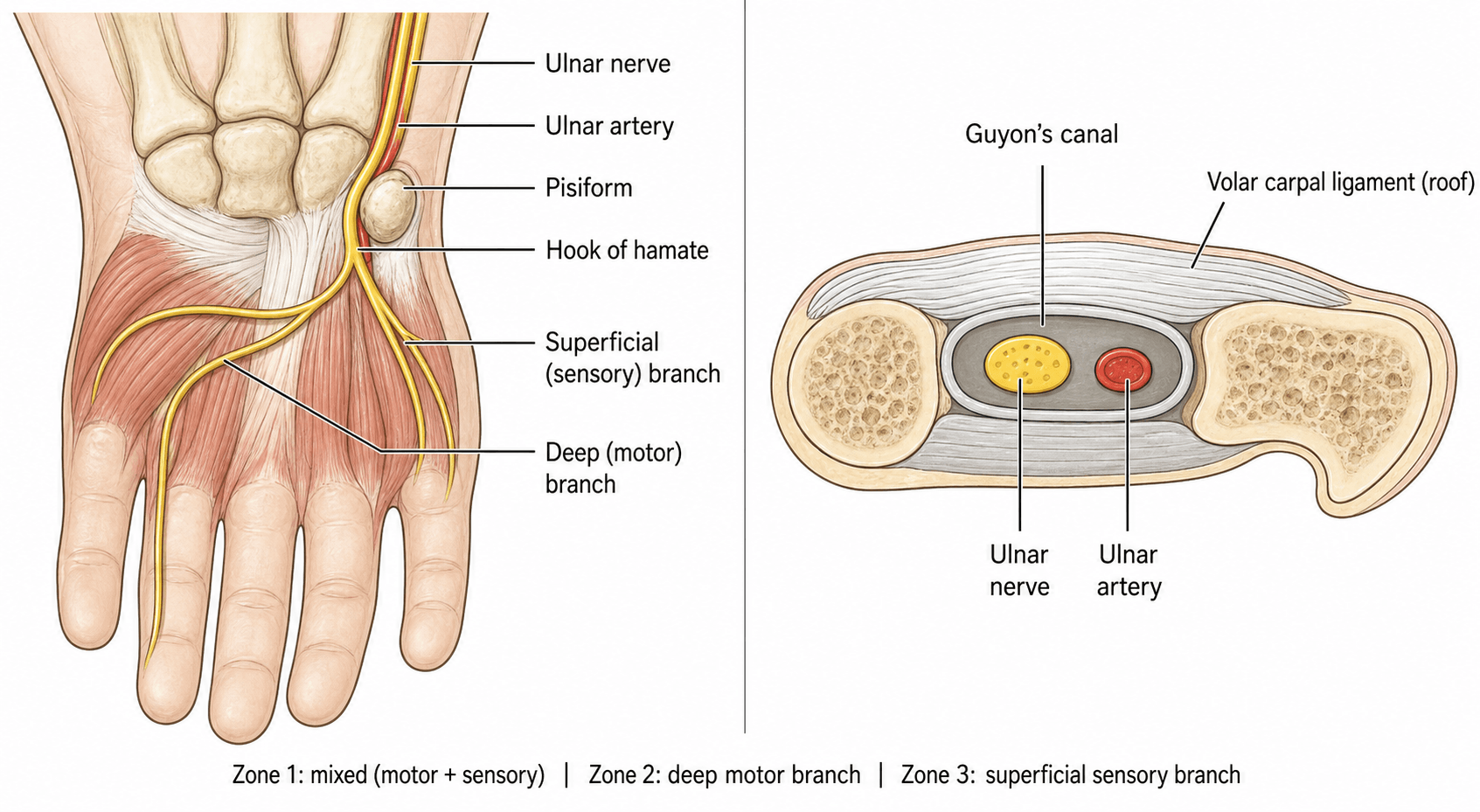 Diagram of Guyon's canal: the ulnar nerve and artery at the wrist, with the deep motor and superficial sensory branches and the three zones.