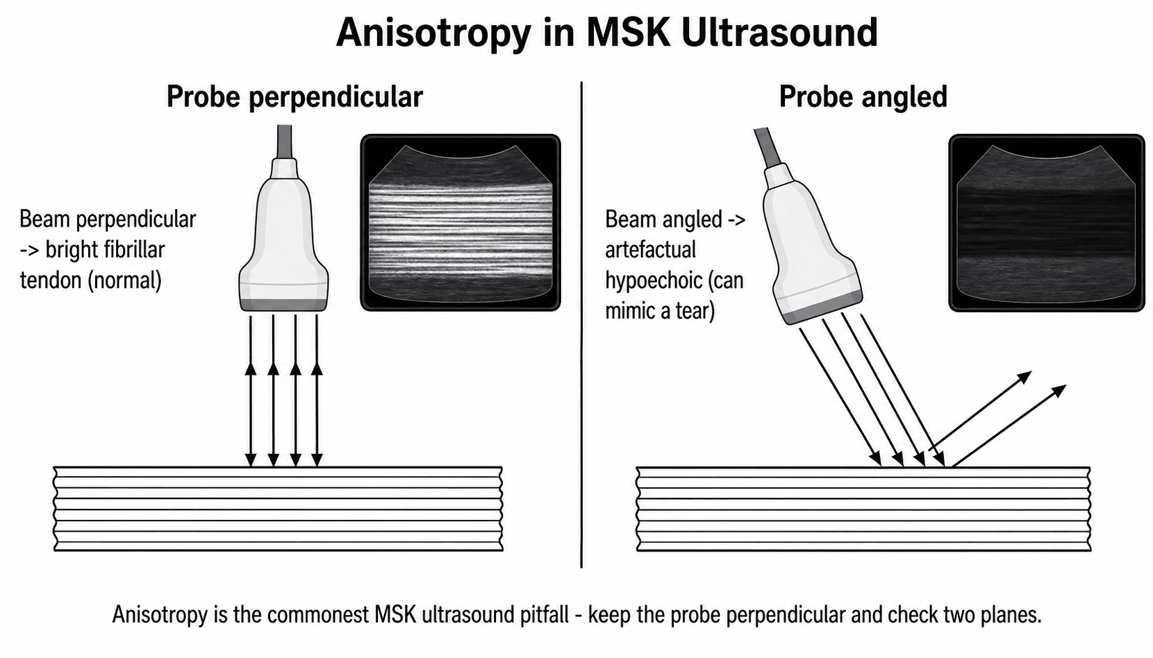 Diagram of anisotropy in MSK ultrasound: with the probe perpendicular the tendon is bright and fibrillar, but with the probe angled the beam reflects away and the tendon appears falsely hypoechoic.