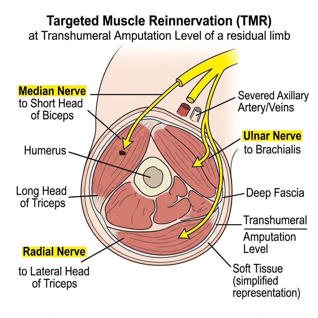 Cross-sectional schematic of targeted muscle reinnervation at the transhumeral amputation level, showing the median nerve transferred to the short head of biceps, the ulnar nerve to brachialis, and the radial nerve to the lateral head of triceps.