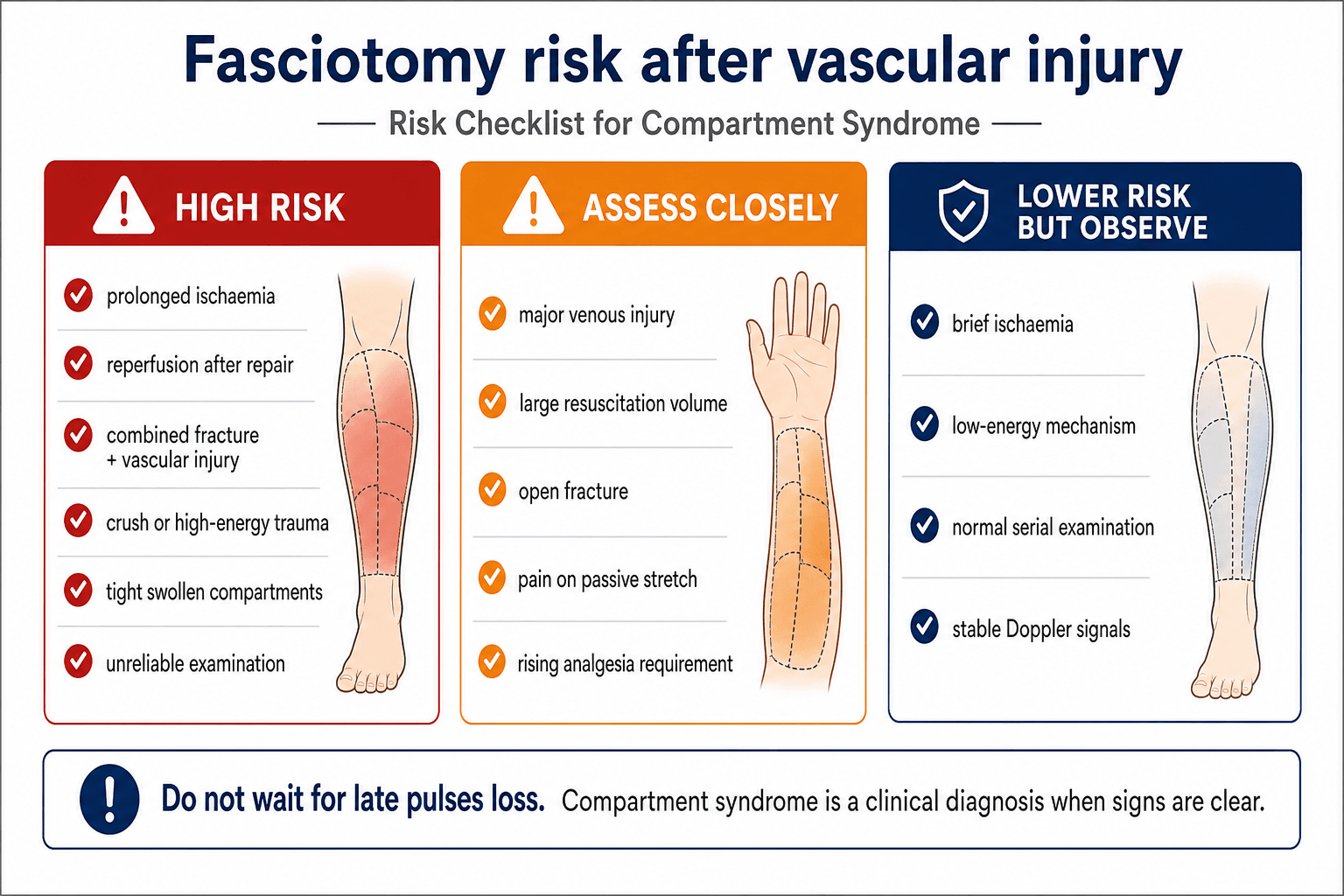 Fasciotomy risk checklist after vascular injury showing high-risk, assess-closely and lower-risk categories