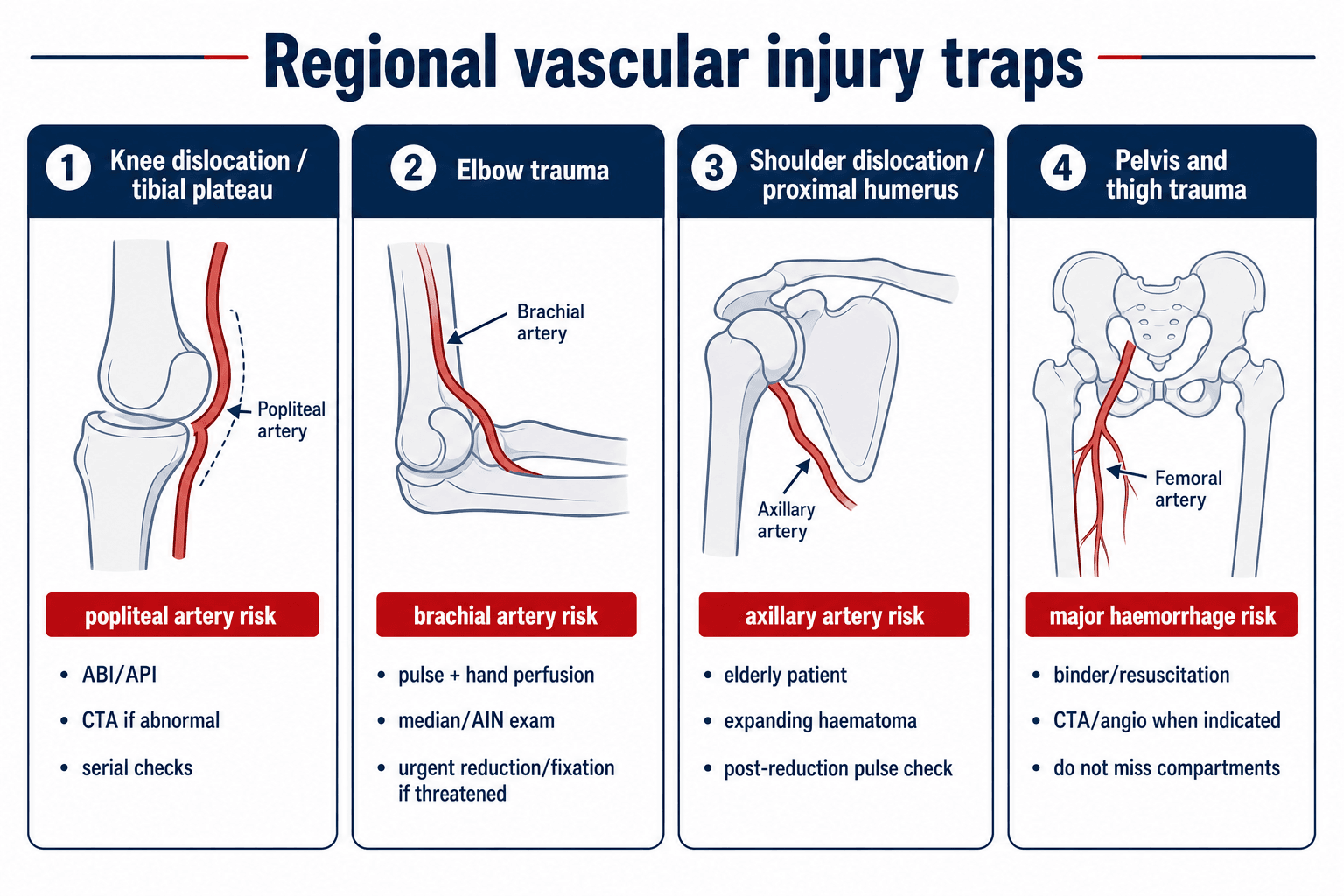 Regional vascular injury traps showing popliteal, brachial, axillary and femoral-risk zones