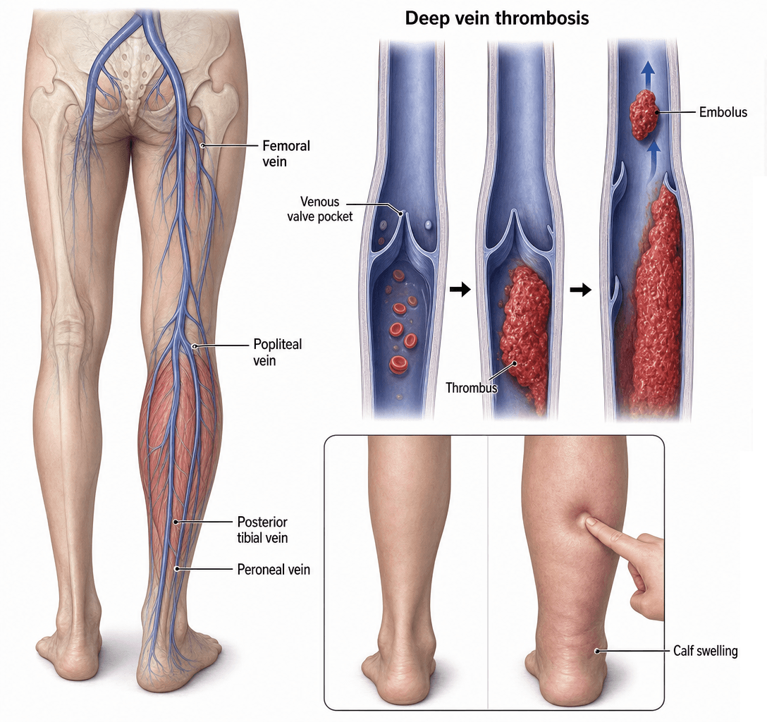 Illustration of the deep leg veins, deep vein thrombosis pathogenesis, and calf swelling.
