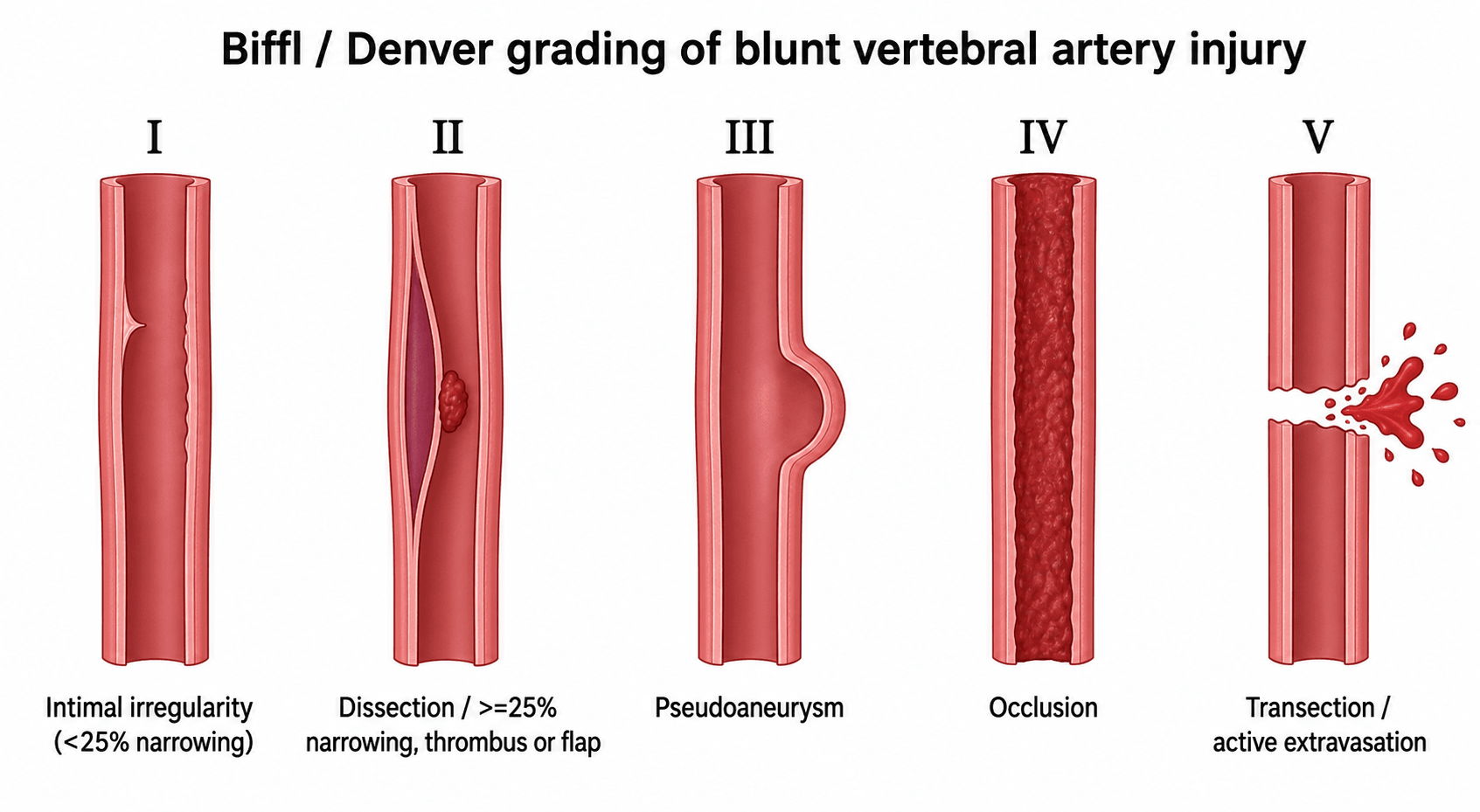 Five-panel schematic of the Biffl/Denver grades I to V of blunt vertebral artery injury, from intimal irregularity to transection